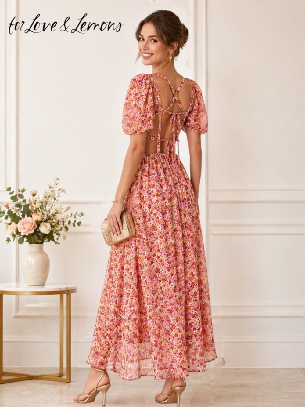 For Love and Lemons Felicia Floral Puff Sleeve Midi Dress
